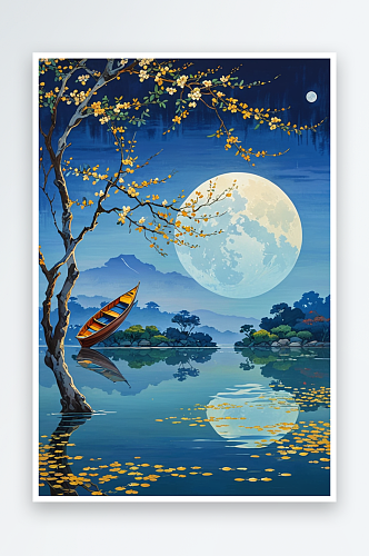 中秋桂花树下湖面上圆月的倒影和小船