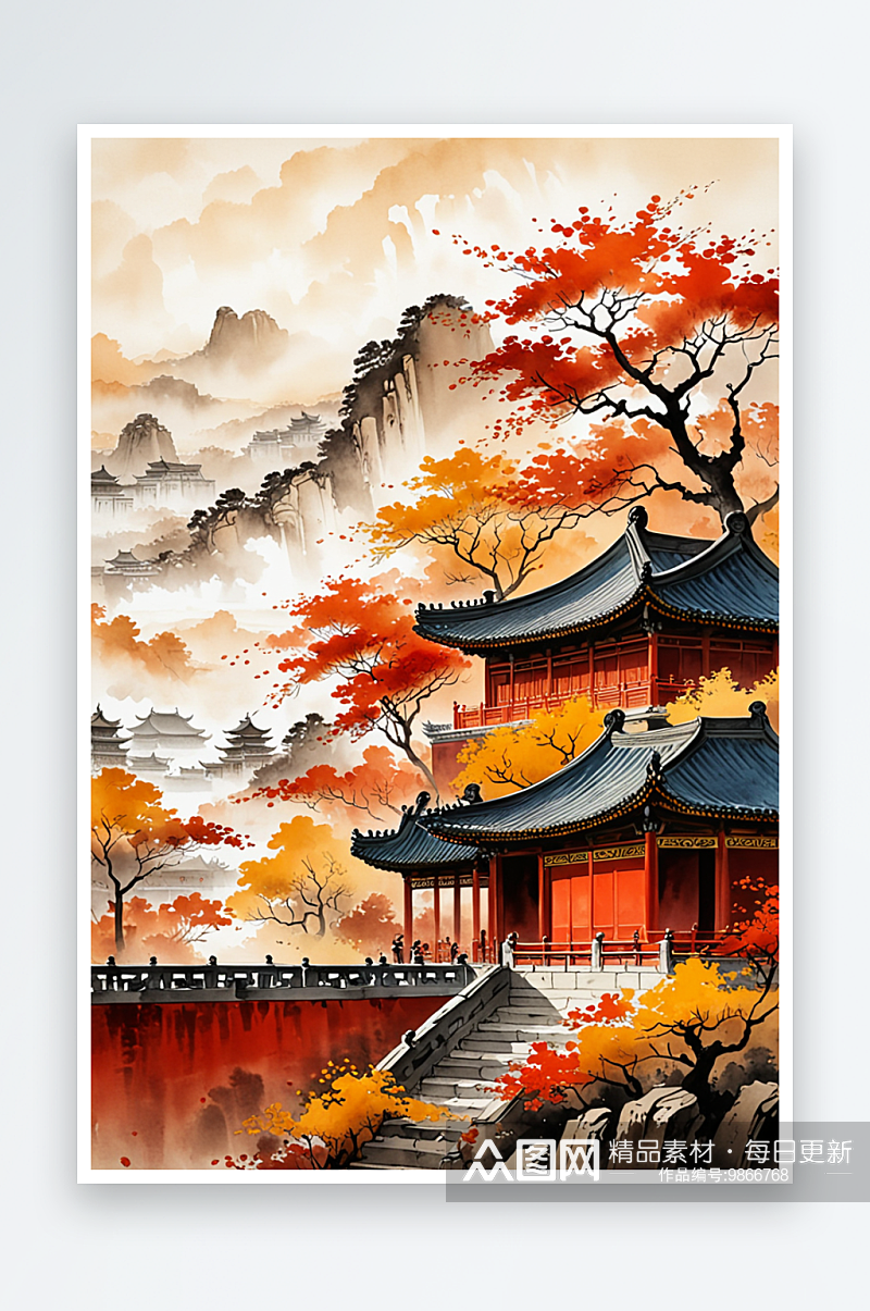 中古风故宫水墨水彩风景插画秋天素材