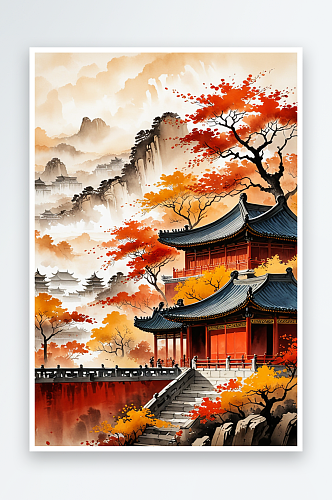 中古风故宫水墨水彩风景插画秋天