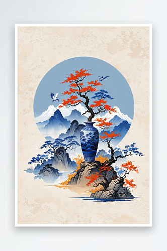 中风景泰蓝大花瓶坐落在山群中凤凰围绕插画