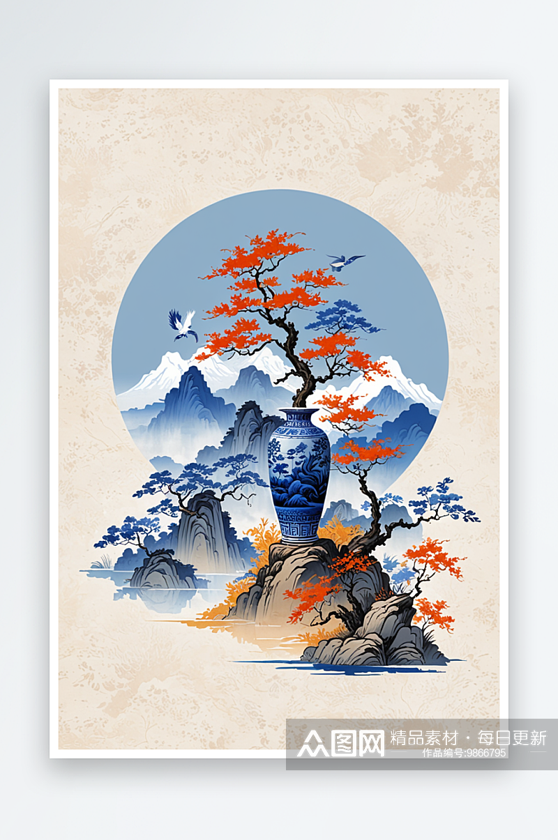 中风景泰蓝大花瓶坐落在山群中凤凰围绕插画素材