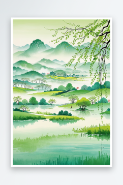 中风插画清明节寒食节春天山水垂柳风景画竖