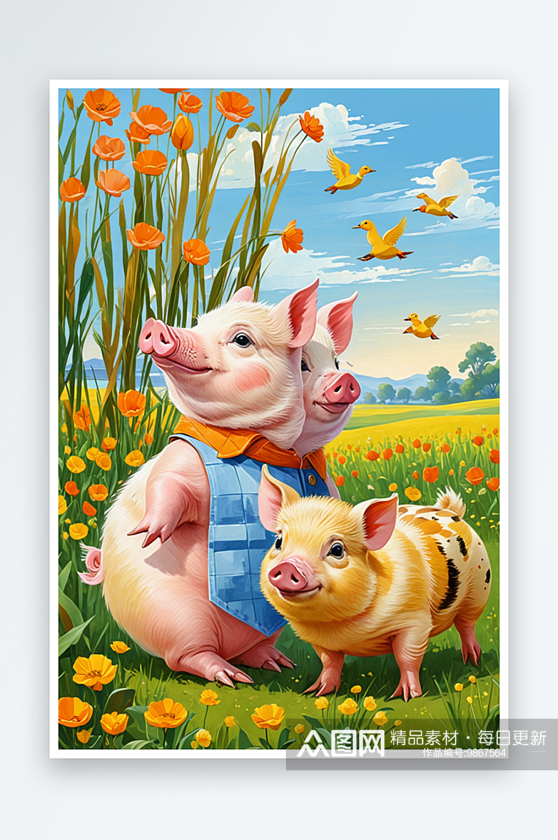 小猪和小鸭子的故事萌趣可爱的动物儿童插画素材