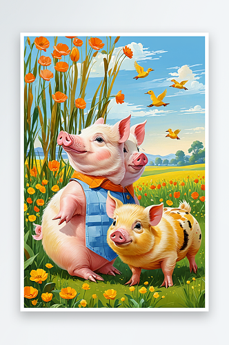 小猪和小鸭子的故事萌趣可爱的动物儿童插画