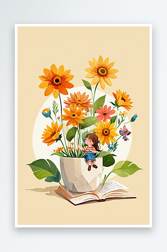 小清新花朵与读书的儿童插画