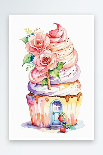 水彩插画童趣可爱的蛋糕冰淇淋花朵纸杯蛋糕