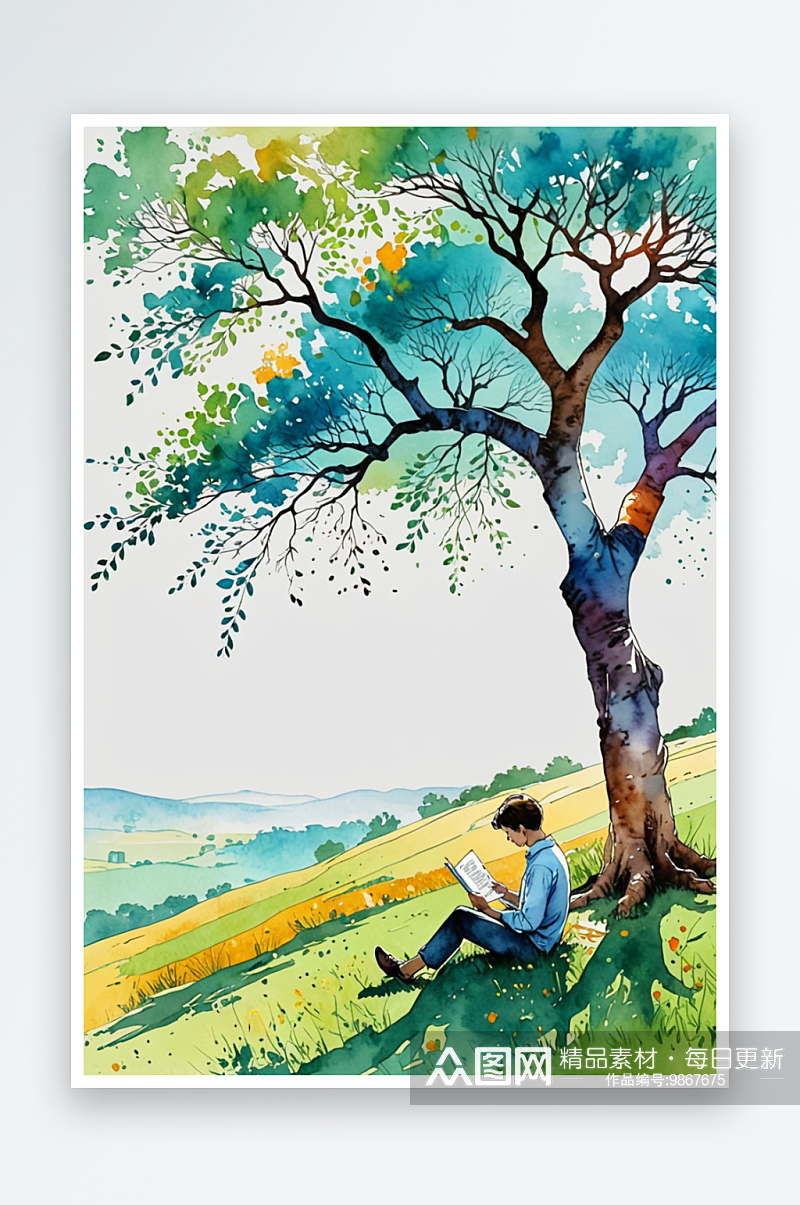 数字艺术一个人坐在树下看书水彩水墨插画素材