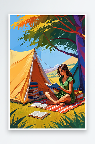 数字艺术一个女人坐在帐篷边看书