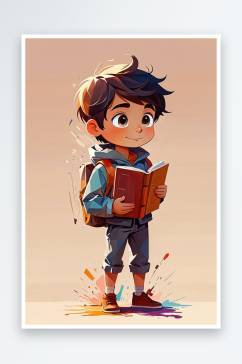 数字艺术一个男孩手捧着书插画