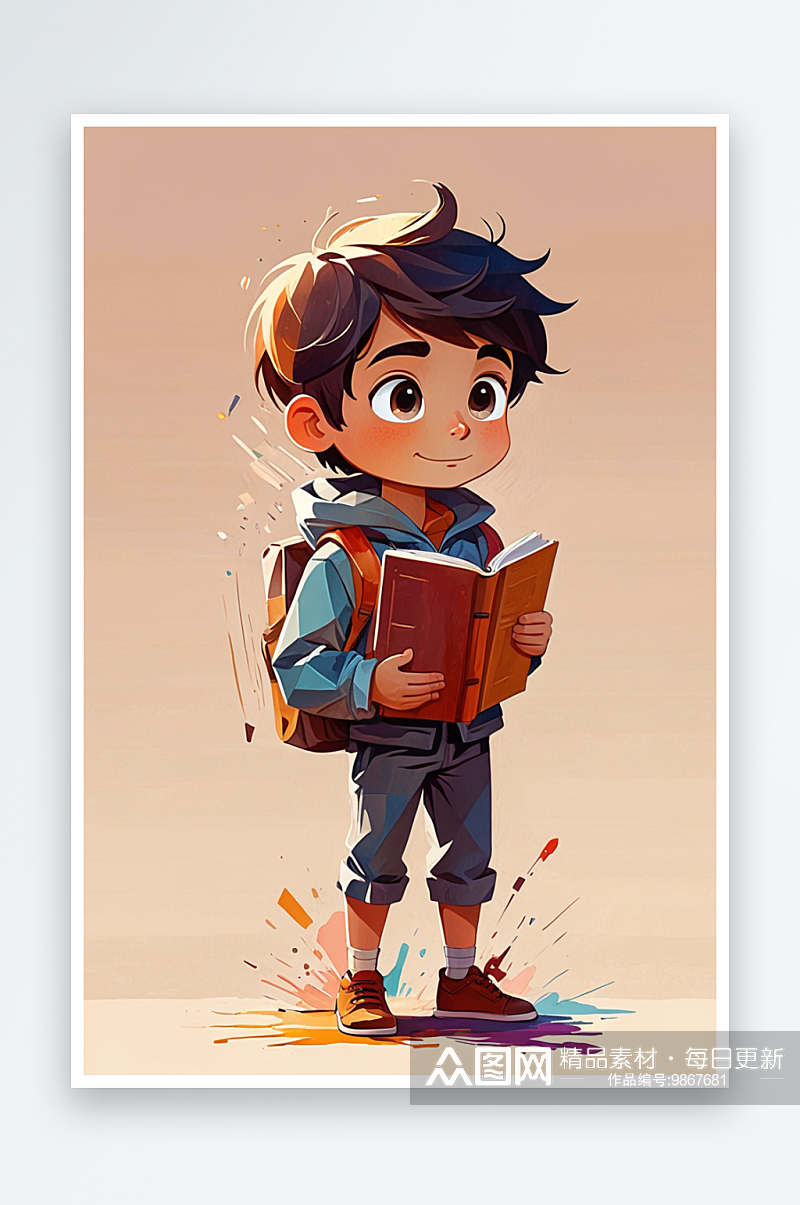 数字艺术一个男孩手捧着书插画素材