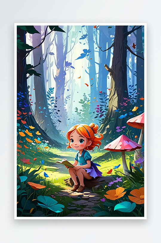 数字艺术小女孩童话森林冒险现实奇幻卡通风