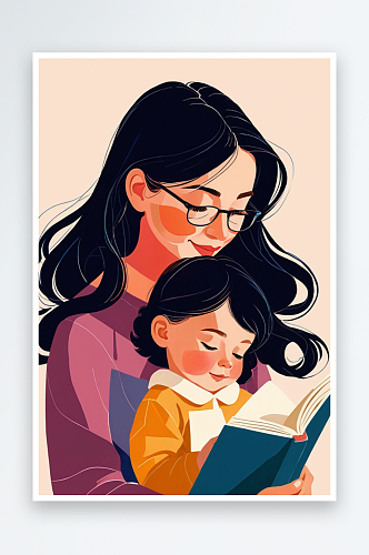 数字艺术妈妈和孩子一起看书插画亲子阅读概
