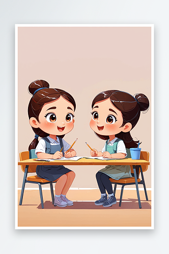 数字艺术两个卡通女孩在课堂交流插画