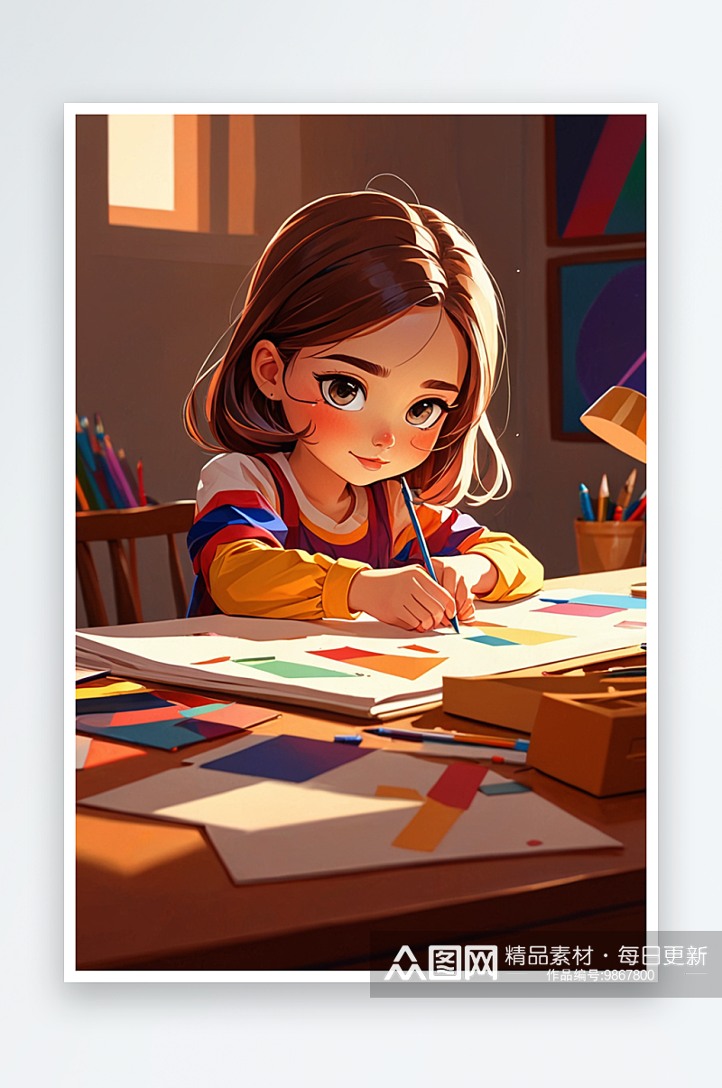 数字艺术卡通坐在书桌前学习的女孩素材