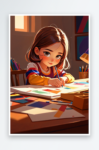 数字艺术卡通坐在书桌前学习的女孩