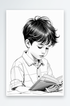 数字艺术黑白线稿插画读书的小男孩