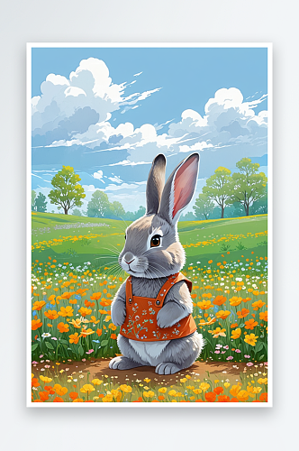 花丛中的可爱小灰兔萌趣可爱的动物儿童插画