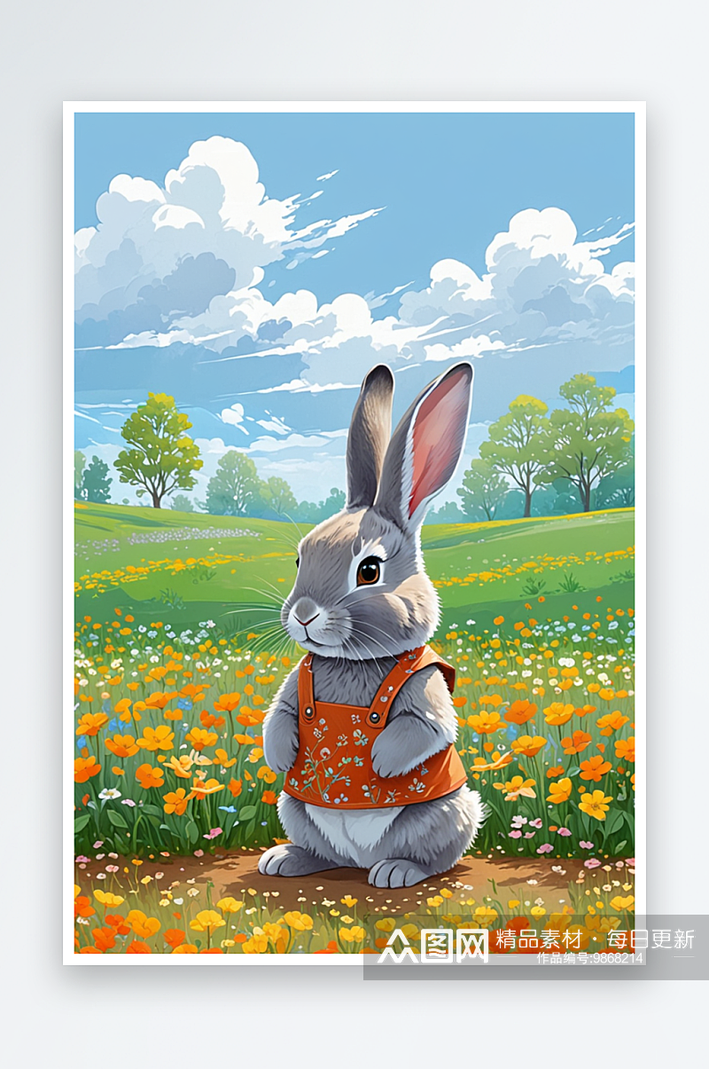 花丛中的可爱小灰兔萌趣可爱的动物儿童插画素材