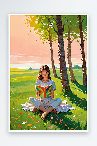 春天草地上读书的女孩插画二竖版