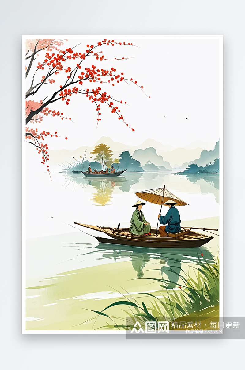 中风著名诗人插画河边划船钓鱼素材