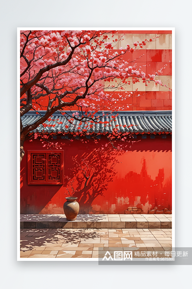 数字艺术中式建筑红墙琉璃瓦春季场景图书丛素材