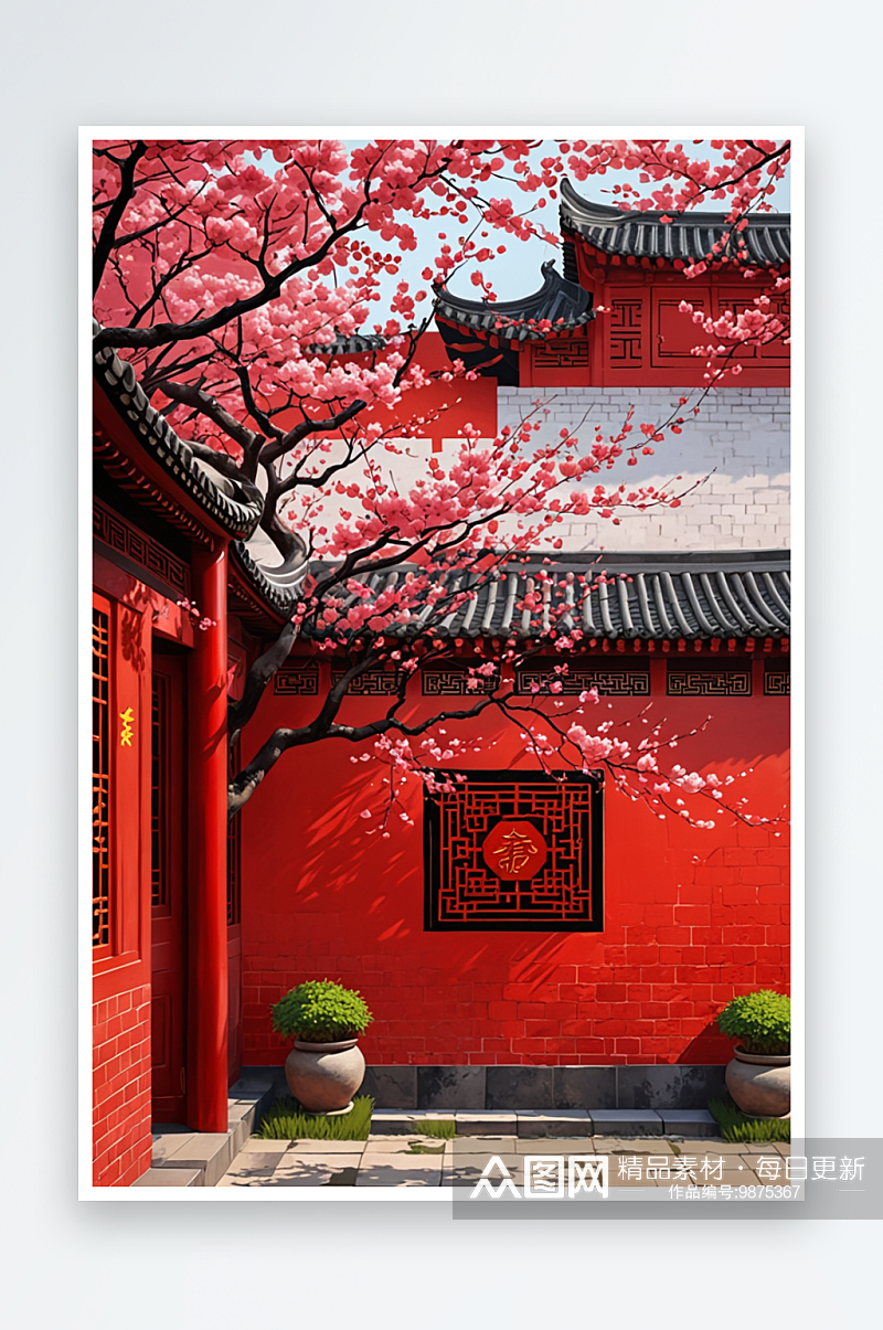 数字艺术中式建筑红墙黑瓦春季场景图书丛书素材