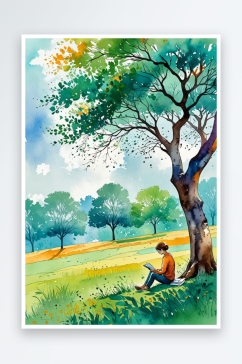数字艺术一个人坐在树下看书水彩水墨插画