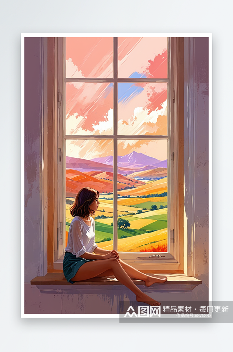 数字艺术一个女孩坐在窗前看风景插画素材