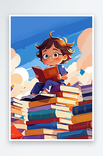 数字艺术一个孩子坐在成堆的书上看书读书节
