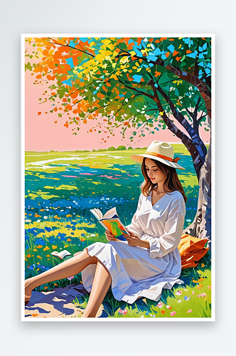 数字艺术春天在树下读书的女孩