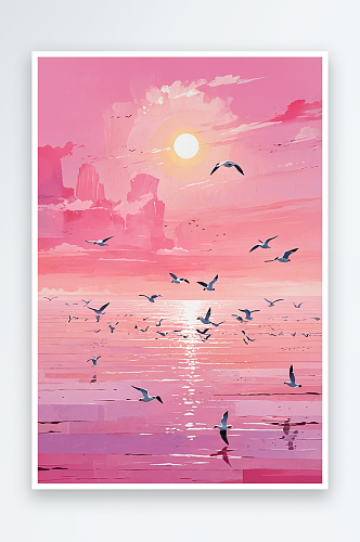 早晨太阳挂在粉色的天空上几只海鸥停在暗礁
