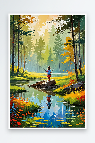在森林里钓鱼的小女孩