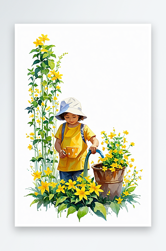 在家中女孩孙女送给正在浇花的奶奶黄色星星