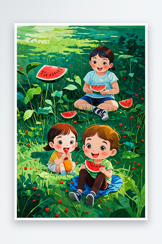 在草地上吃西瓜的小孩
