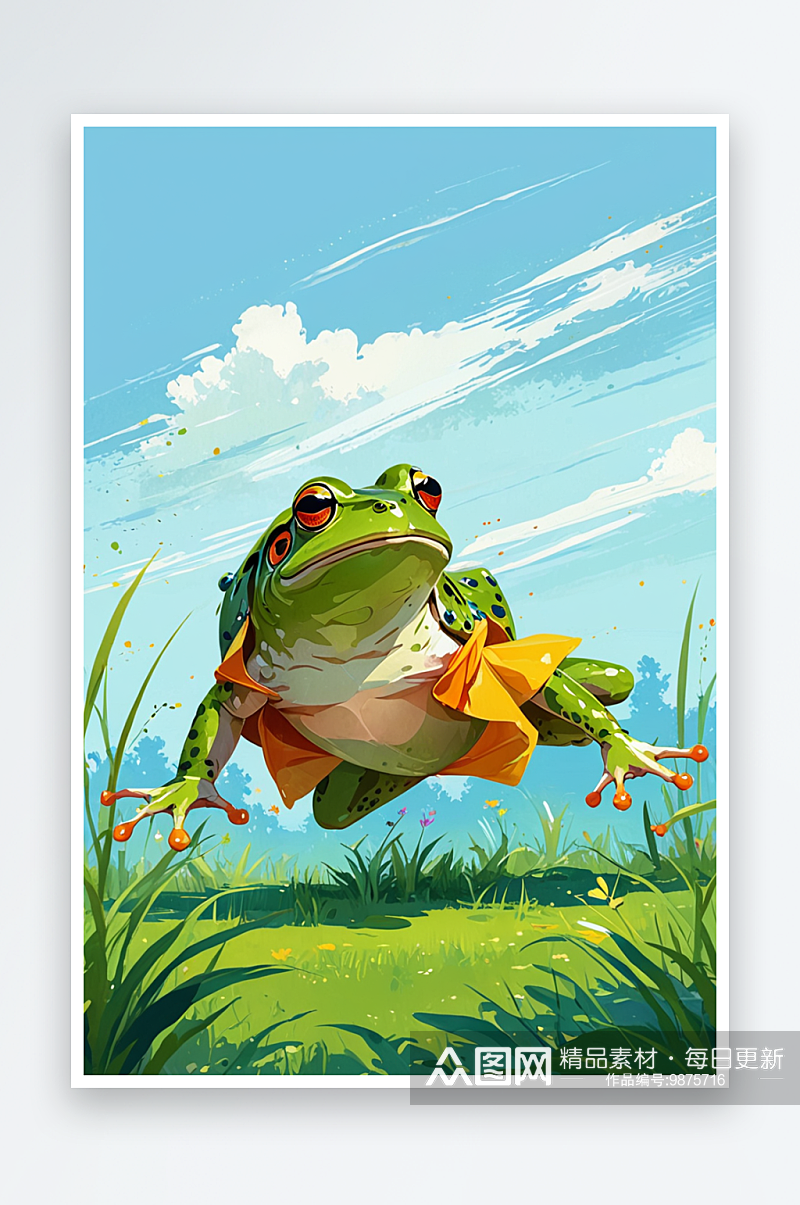 在草地上奔跑的青蛙王子萌趣可爱的动物儿童素材