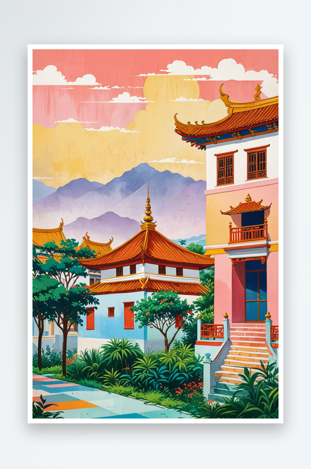 云南西双版纳城市文化商业插画素材
