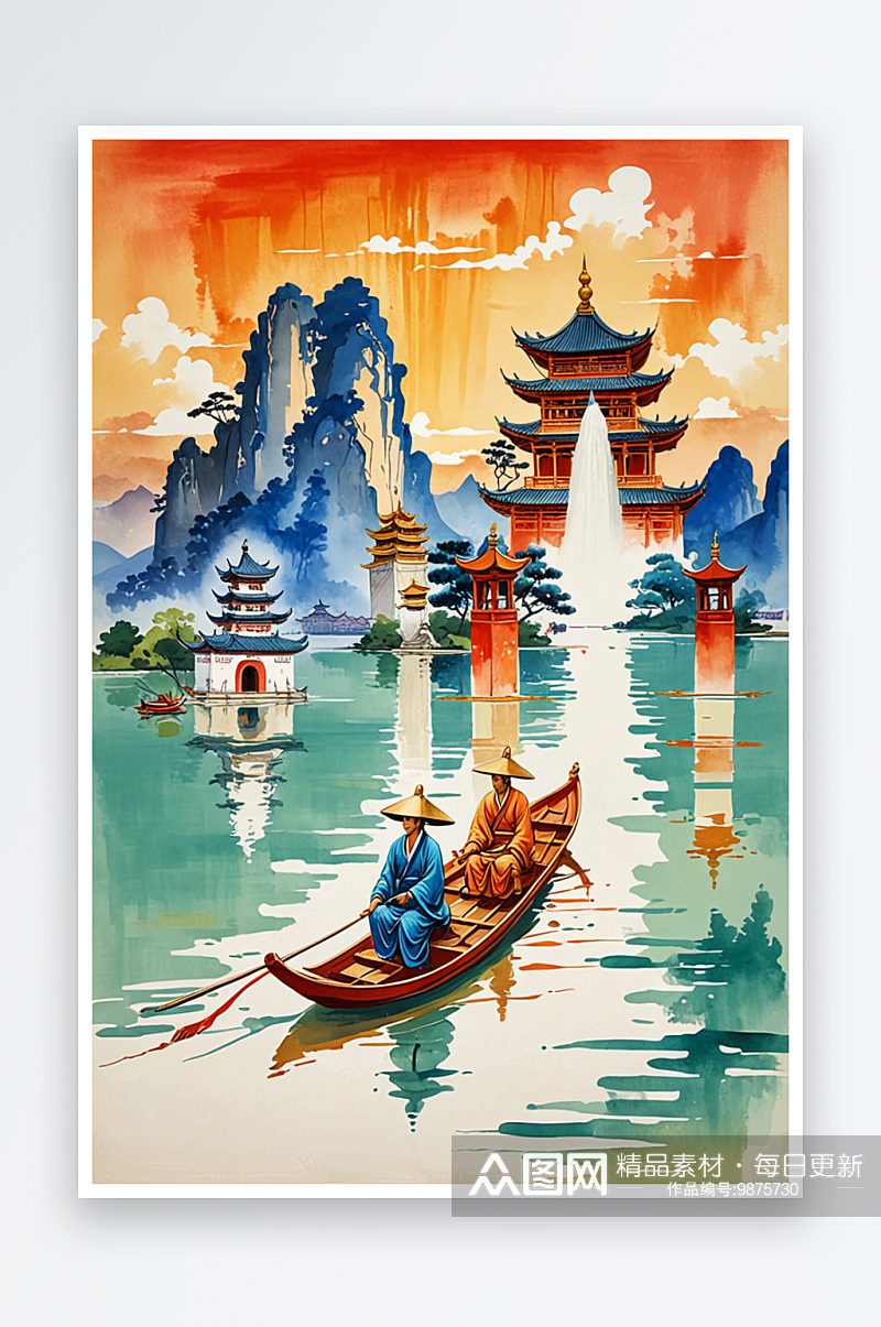 云南城市大理崇圣寺三塔划船旅游景点新中式素材