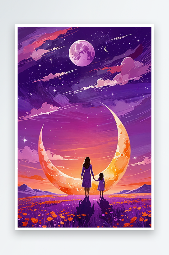 月亮上的母女温馨母亲节插画竖版紫色