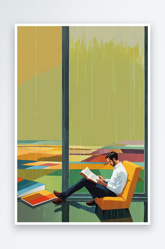 雨天坐在落地窗前看书的男人插画竖版
