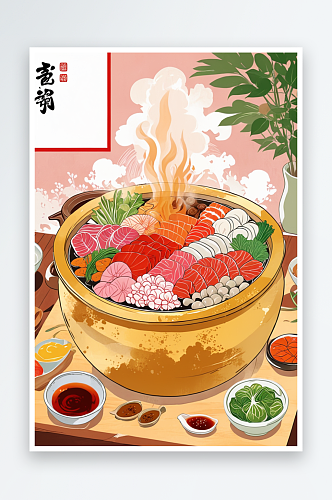 有很多食材的热气腾腾的火锅涮肉手绘插画