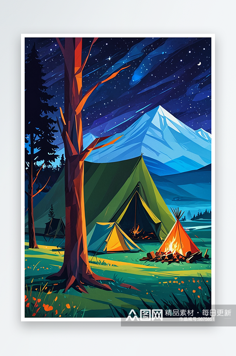 有篝火和帐篷的夜晚露营插画壁纸素材