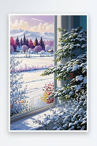 雪景园林窗外图片