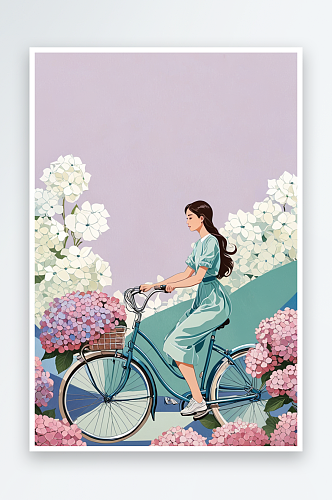 绣球花与骑自行车的女孩手绘插画