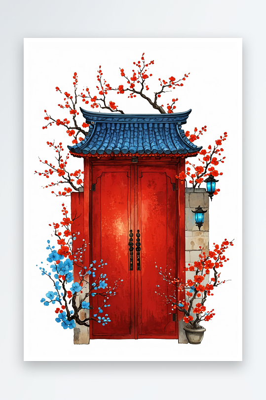 新年挂着灯笼的红色青瓦门头大门与梅花花丛