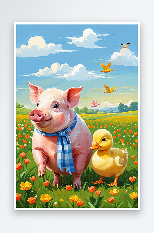 小猪和小鸭子的故事萌趣可爱的动物儿童插画