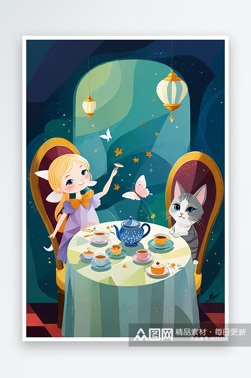 小仙女与猫咪下午茶可爱童话绘本插画素材