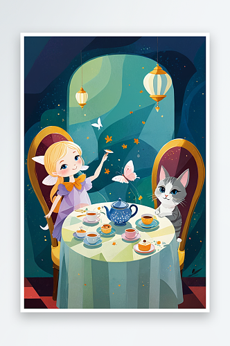 小仙女与猫咪下午茶可爱童话绘本插画