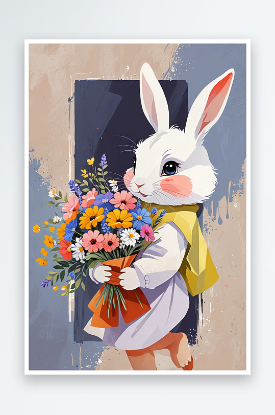 小清新动物兔子少女搬运鲜花插画