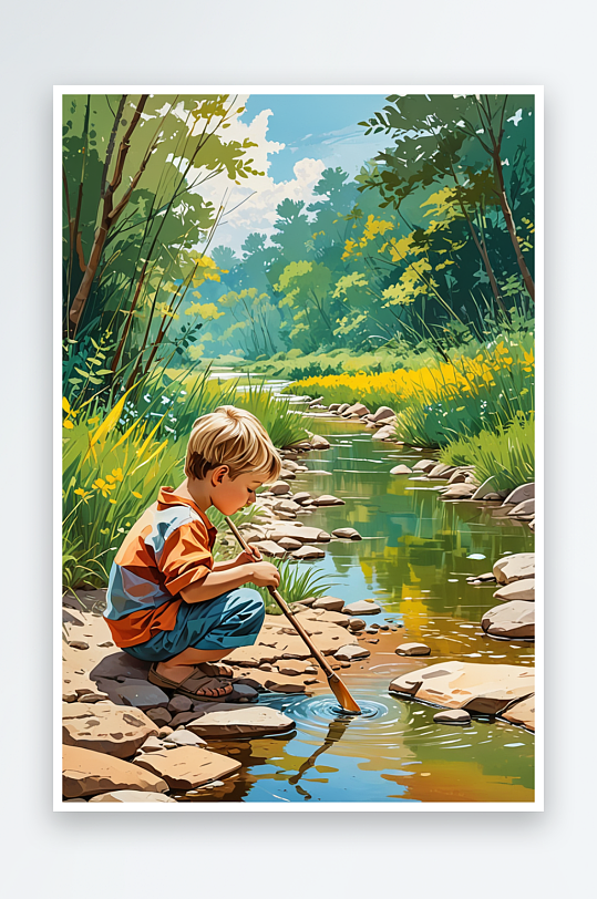 小男孩蹲在小溪边捞鱼玩耍手绘插画插图网兜