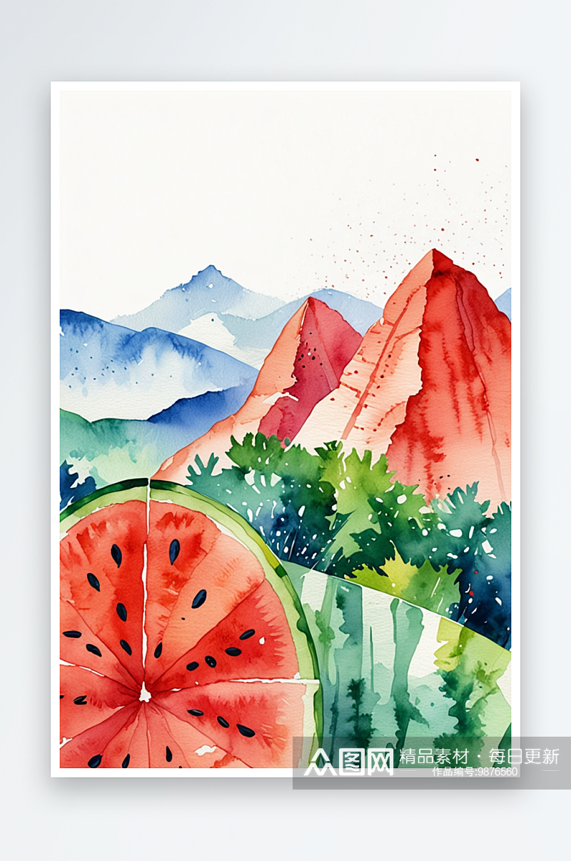 夏天的西瓜山水彩风景插画素材